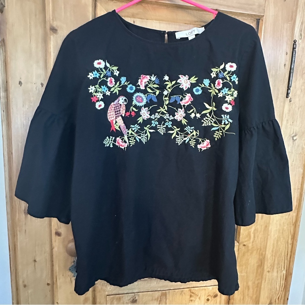 LOFT Black Blouse with Colorful Floral Embroidery & Bell Sleeves Sz Medium
